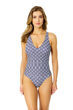 Load image into Gallery viewer, Azzurra Geo V Neck Crossback One Piece - Navy/White