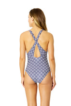 Load image into Gallery viewer, Azzurra Geo V Neck Crossback One Piece - Navy/White